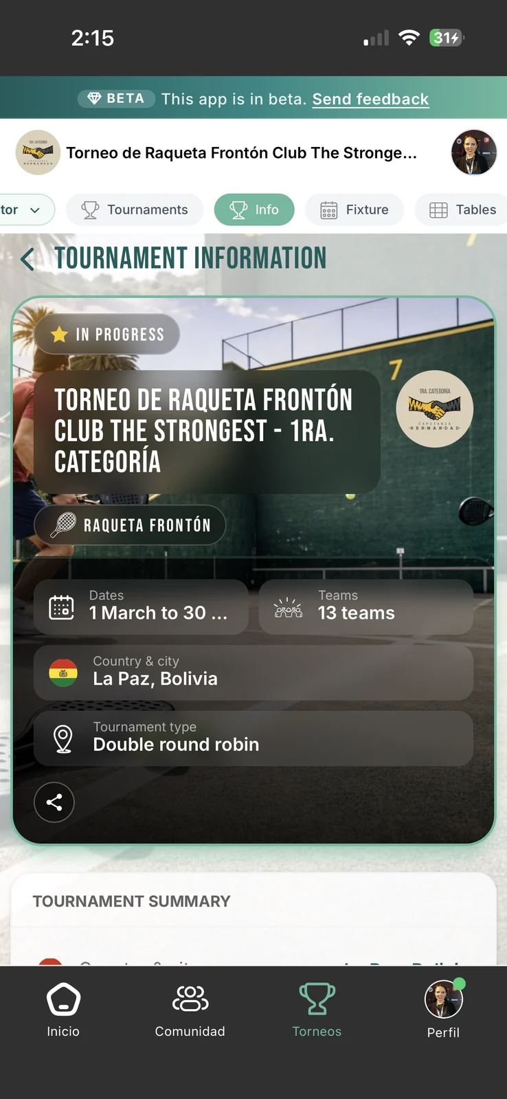 Detalle de torneo en la app