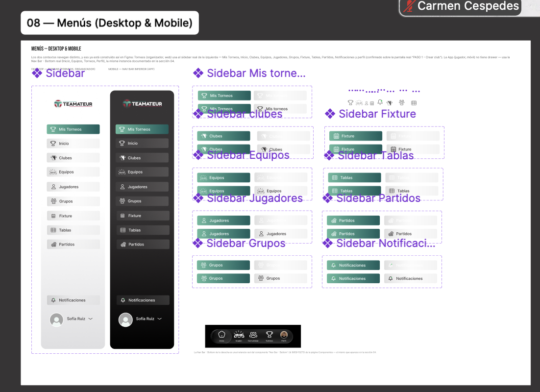 Teamateur Design System desktop and mobile navigation