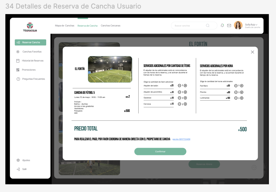 Teamateur web MVP booking add-ons