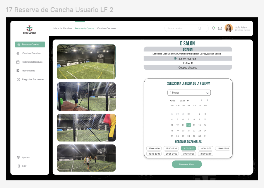 Teamateur web MVP venue details and times